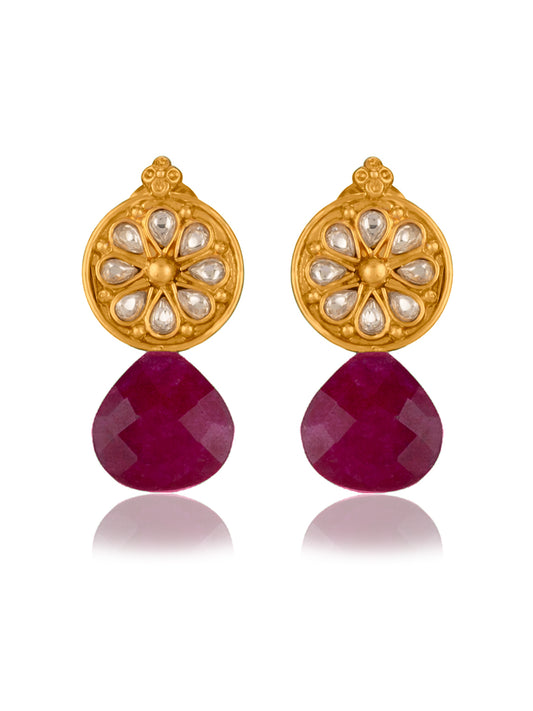 Gold Plated Floral Studs with Ruby