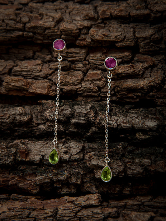 925 Sterling Silver Long Earrings with Multicolored Gemstone