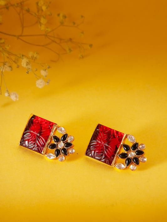 Svarnam Moissanite Red Carved Stone Studs