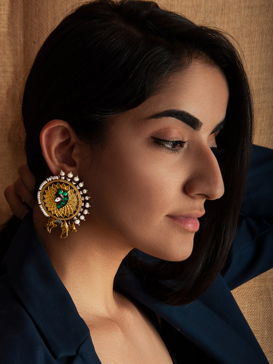 925 Sterling Silver Two Tone Gold Plated Nandi Studs Earrings With Pearl, Green Onyx and Kundan Gemstone