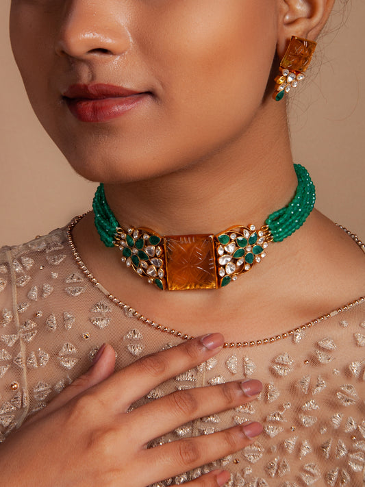 Svarnam Moissanite Choker with Orange Carved Stone and Green Onyx