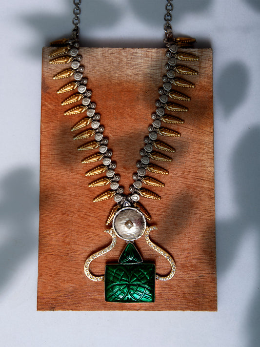 925 Sterling Silver Two Tone 22K Gold Plated Necklace with Green Stone