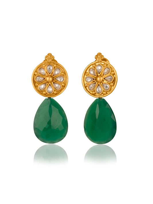 Big Gold Plated Kundan Studs with Green Onyx