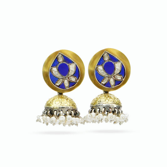 Neeta Boochra Signature Silver Lotus Blue Jhumki Earrings - Neeta Boochra Jewellery