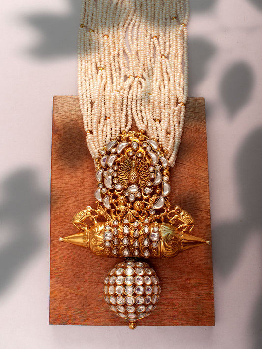 925 Sterling Silver 22K Gold Plated Pearl Beaded Peacock Design Necklace With Kundan Polki
