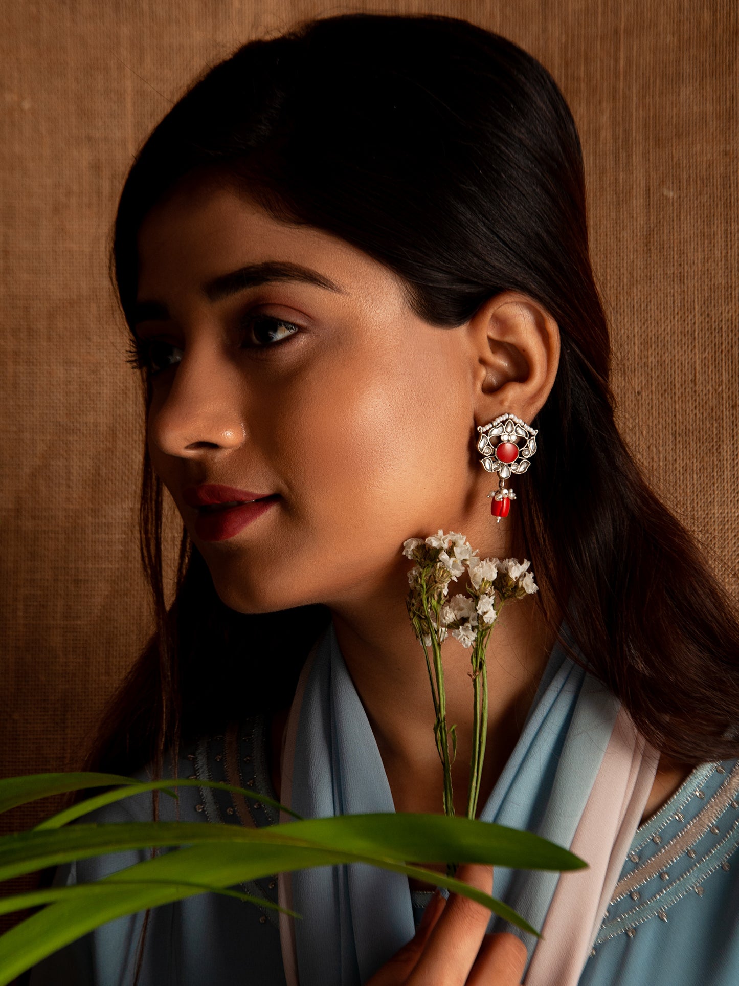 Silver Coral Kundan Earrings with Drop