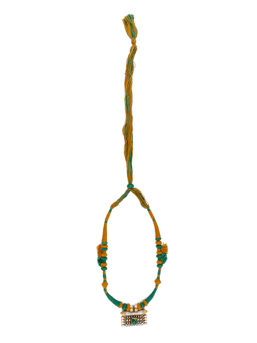 Dual Tone Green Onyx Textured Pendant Necklace with Adjustable Patwa Thread