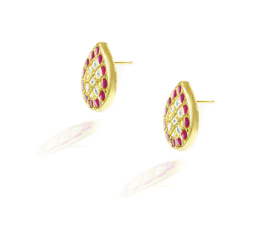 925 Silver Gold Plated Red and White Kundan Paan Studs