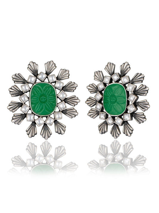 Big Green Carved Stone and Pearl Studs