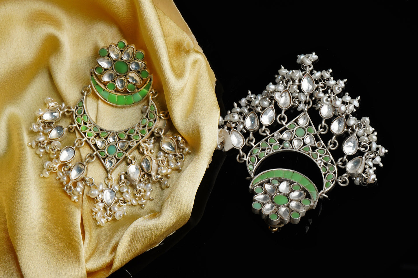 925 Silver Signature Green Kundan Chandbalis - Neeta Boochra Jewellery
