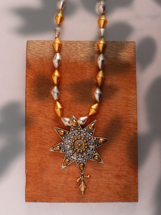 925 Sterling Silver Two Tone 22K Gold Plated Dholki Necklace With Star Design