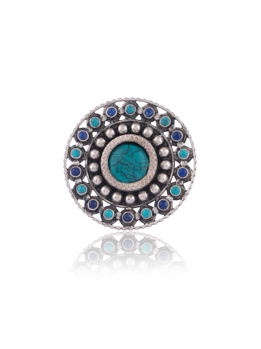 Turquoise and Blue Lapis Gemstone Adjustable Ring with Rawa Work