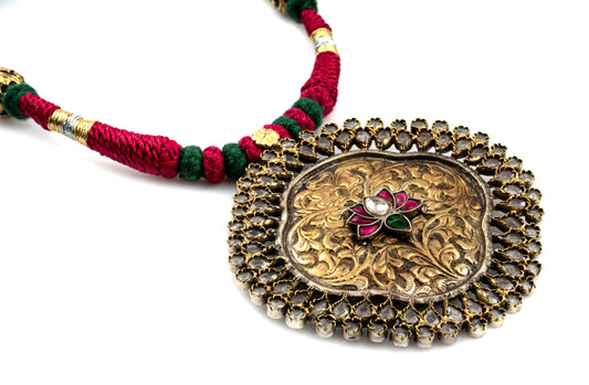 925 Sterling Silver Two Tone Chitai Necklace with Kundan Lotus Motif