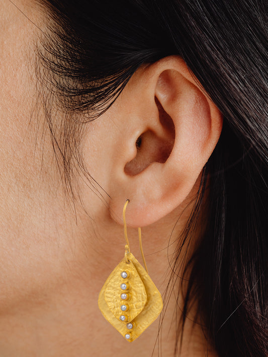 Dual Leaf Gold Plated Studs with Pearl