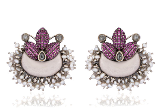 925 Sterling Silver Pink Floral Earrings with Pearls