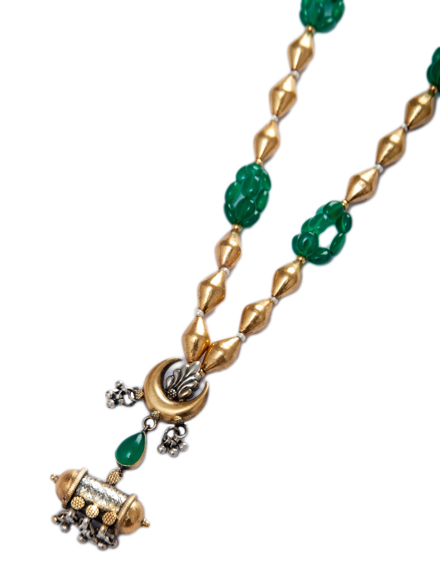 925 Sterling Silver Two Tone 22K Gold Plated Dholki Necklace With Green Onyx Gemstone and Beads