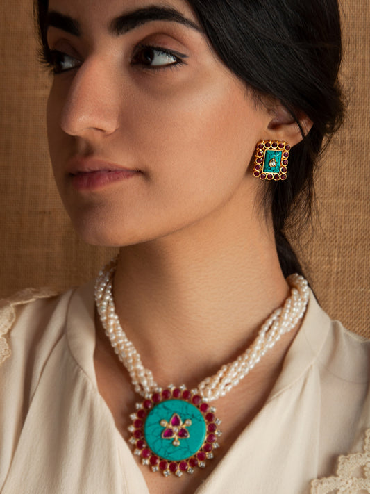 925 Sterling Silver 22K Gold Plated Turquoise, Ruby, Kundan Studs Earring