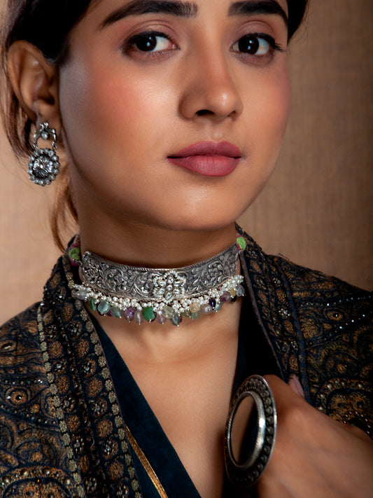 Silver Fusion Kundan Multicolor Drop Choker