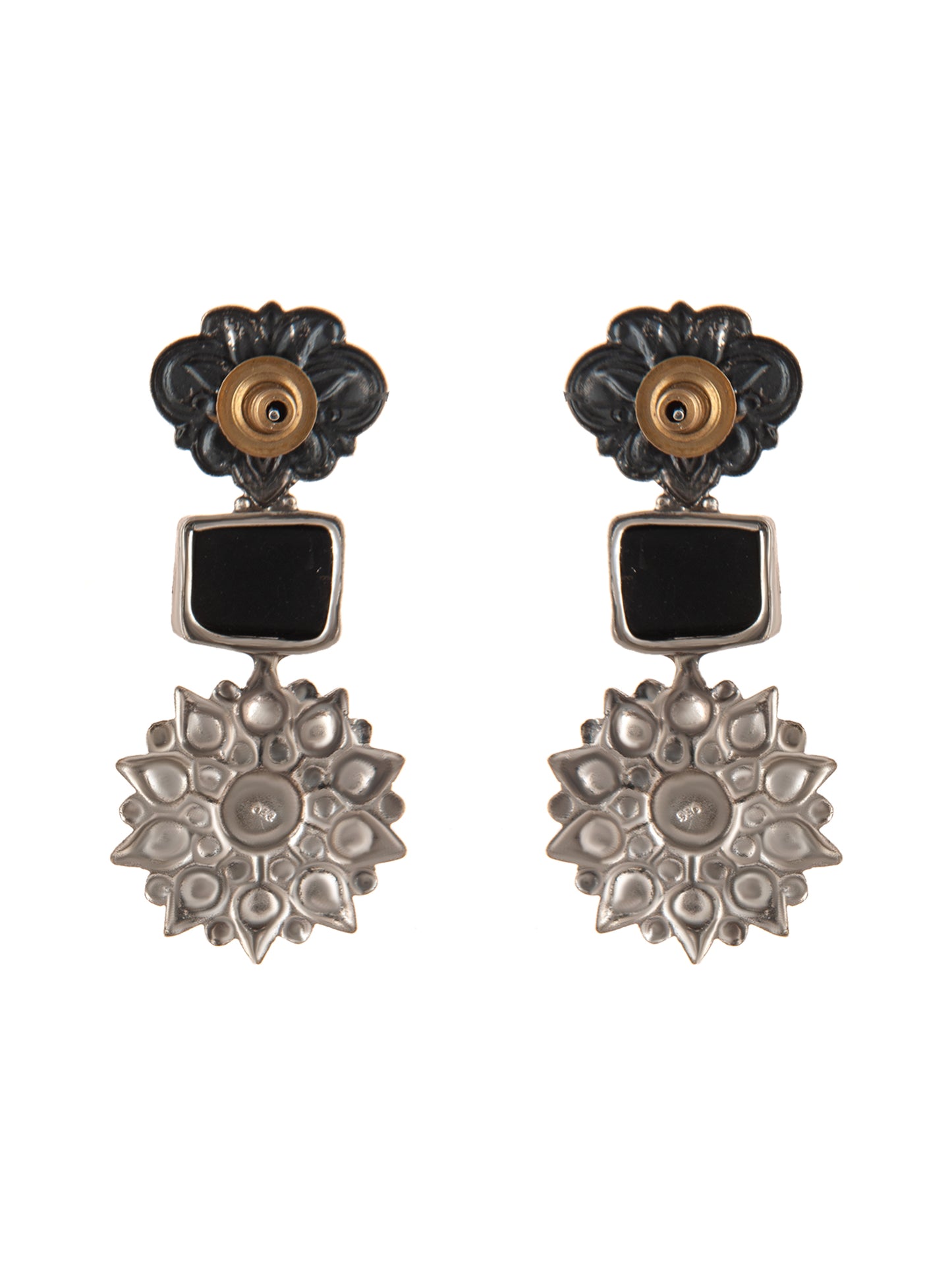 925 Sterling Silver Two Tone Earring with Black Onyx and Ruby