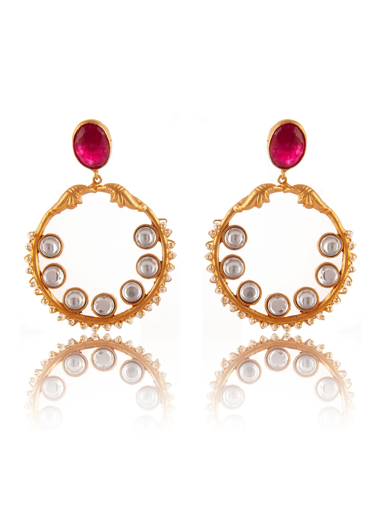 925 Sterling Silver 22K Gold Plated Chaandbali Kundan Earring With Ruby Gemstone and Pearl