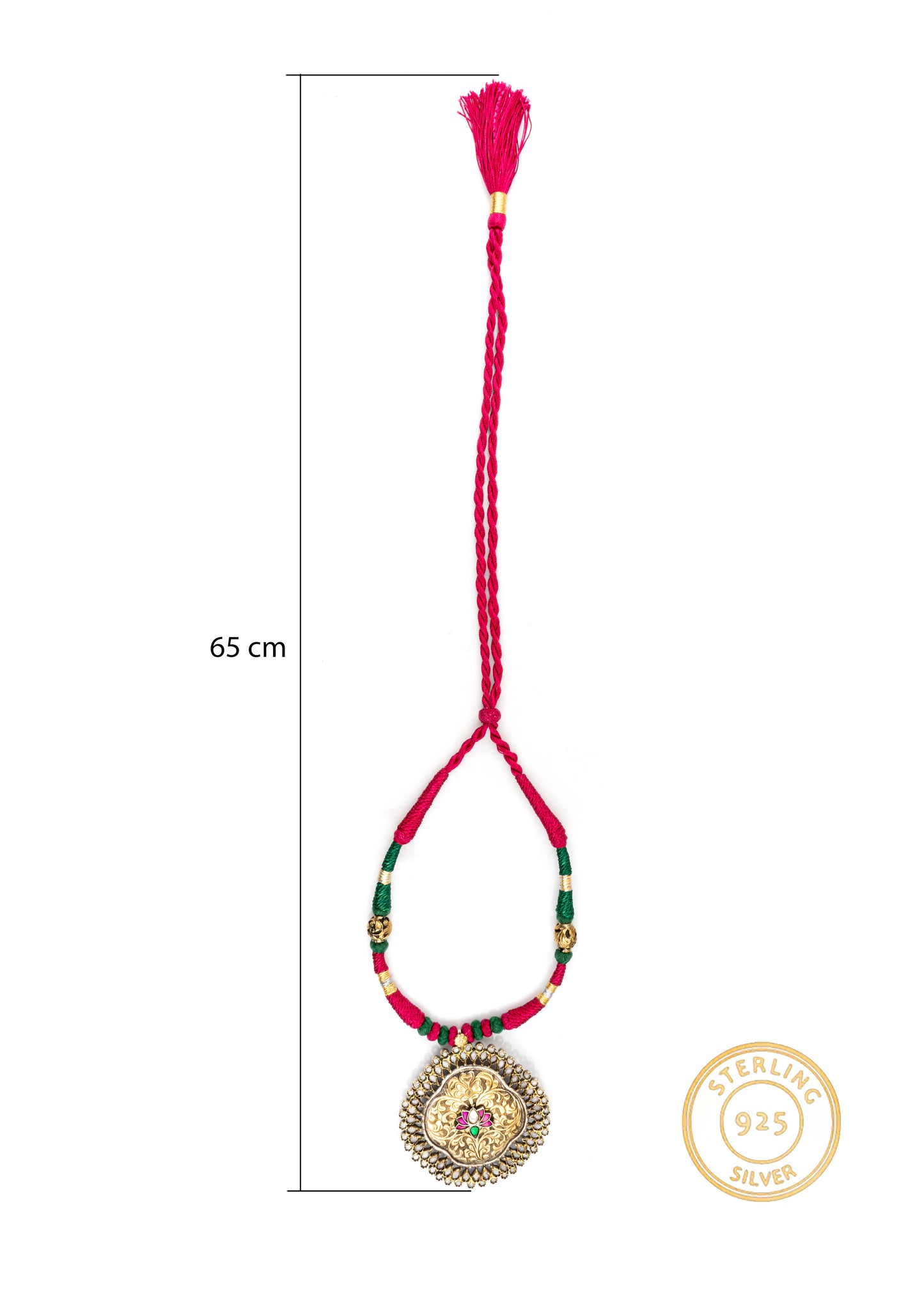 925 Sterling Silver Two Tone Chitai Necklace with Kundan Lotus Motif