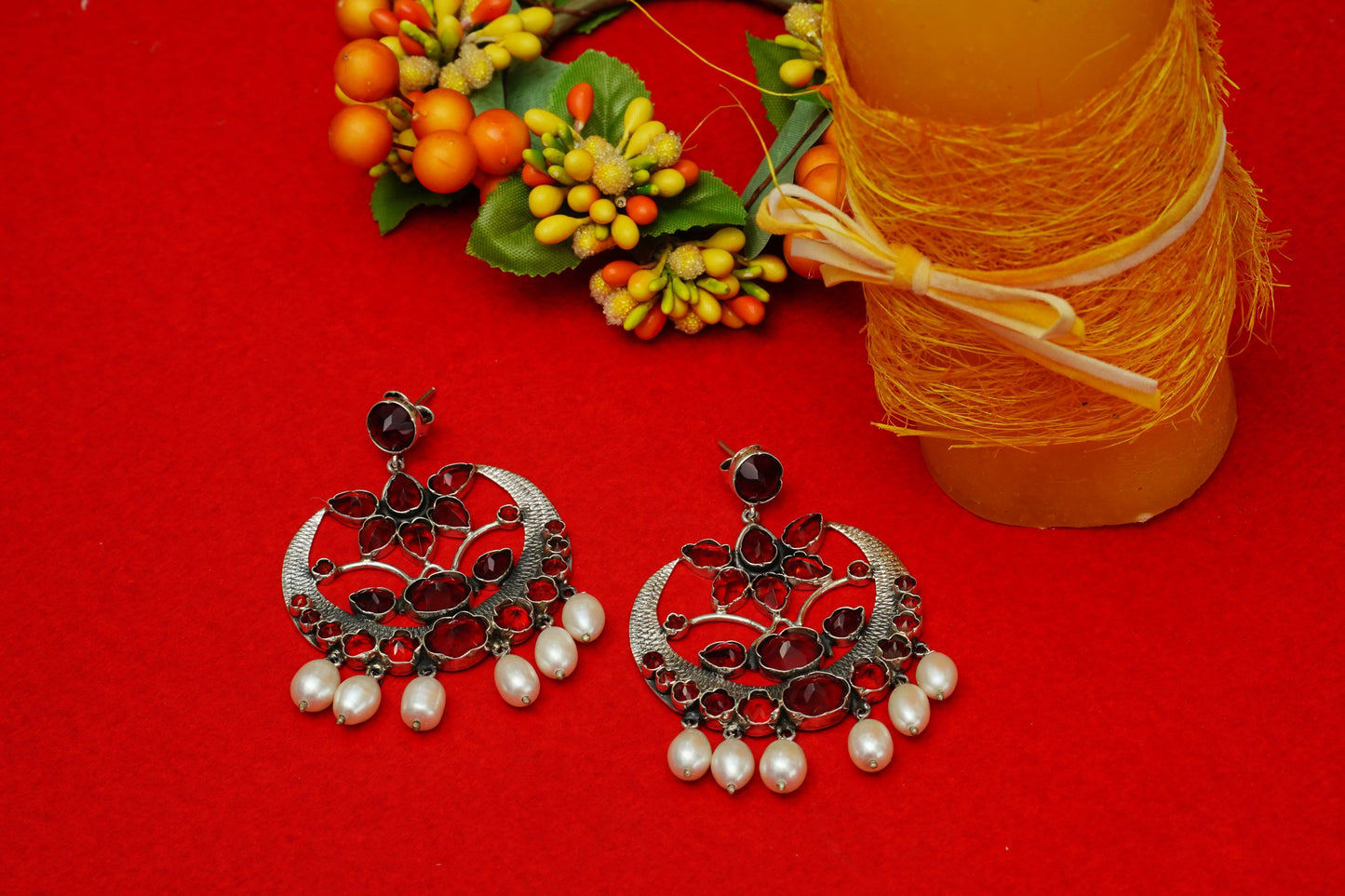 Red Stone Crescent Earrings - Neeta Boochra Jewellery