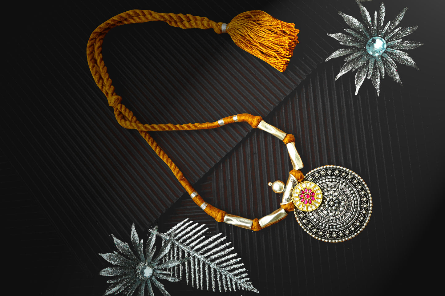 Silver Rawa Necklace with Brown Patwa Thread and Signature Kundan Motif - Neeta Boochra Jewellery