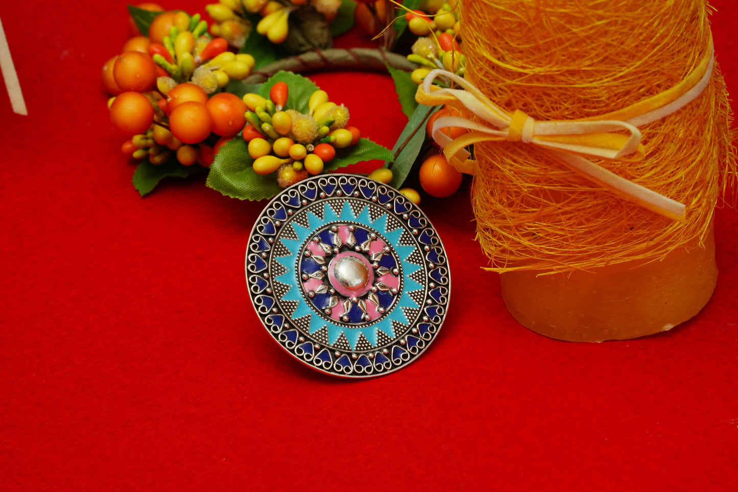 Blue and Pink Meenakari Ring - Neeta Boochra Jewellery