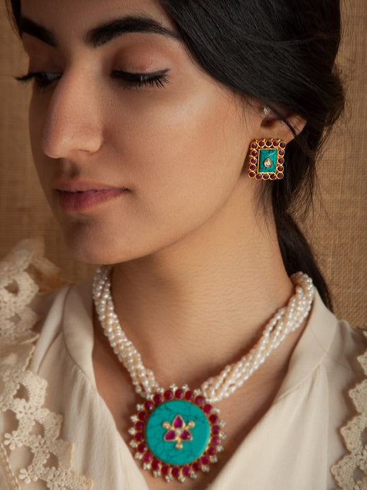 925 Sterling Silver 22K Gold Plated Turquoise, Ruby, Kundan Studs Earring