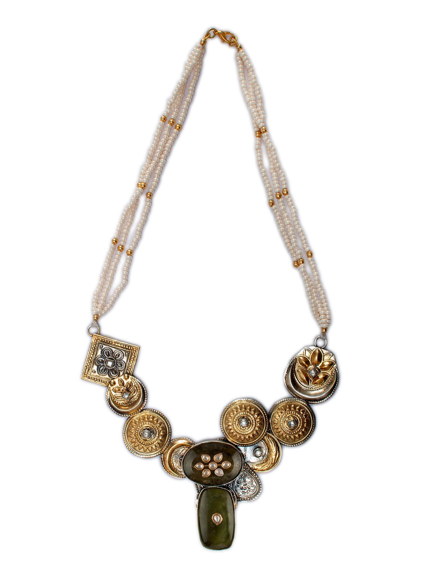 925 Sterling Silver Two Tone 22K Gold Plated Pearl Beaded Necklace With Aventurine Gemstone and White Kundan