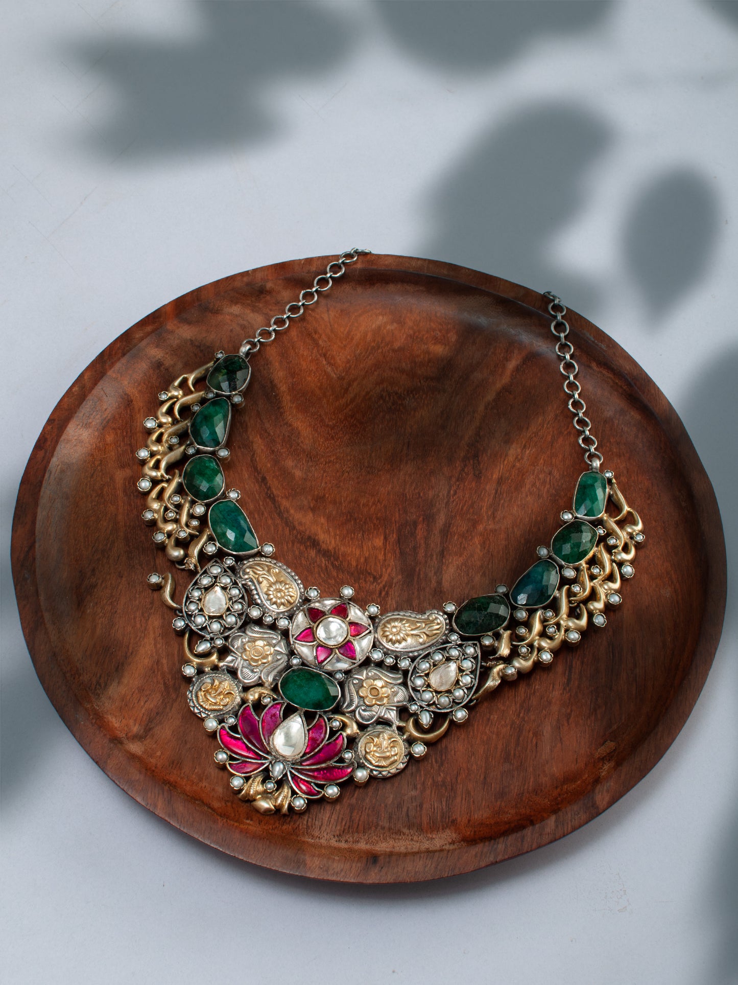 925 Sterling Silver Two Tone 22K Gold Plated Necklace With Labradorite, Pearl, Pink and White Kundan