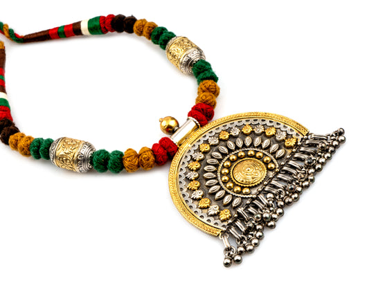 925 Sterling Silver Necklace with Multicolored Adjustable Patwa Thread