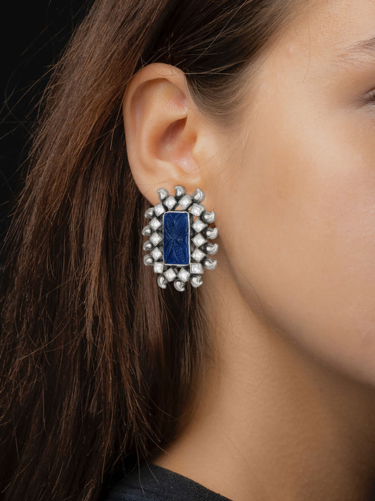 Big Kundan Studs with Blue Carved Stone and Kundan