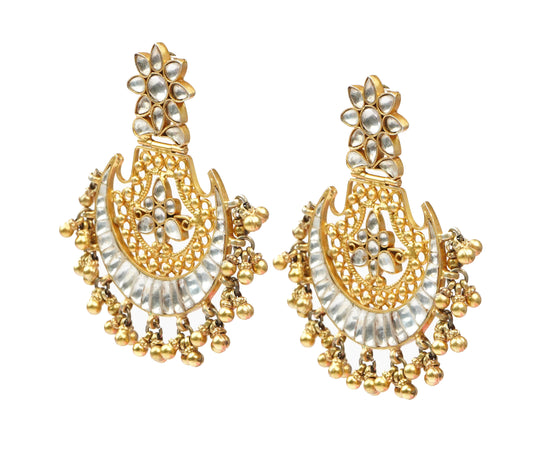 925 Silver Gold Plated White Kundan Chandbali with Ghungroos