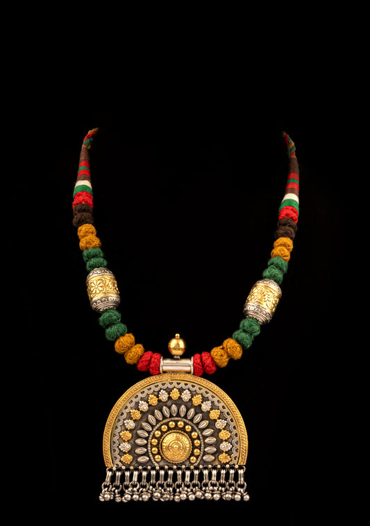 925 Sterling Silver Necklace with Multicolored Adjustable Patwa Thread