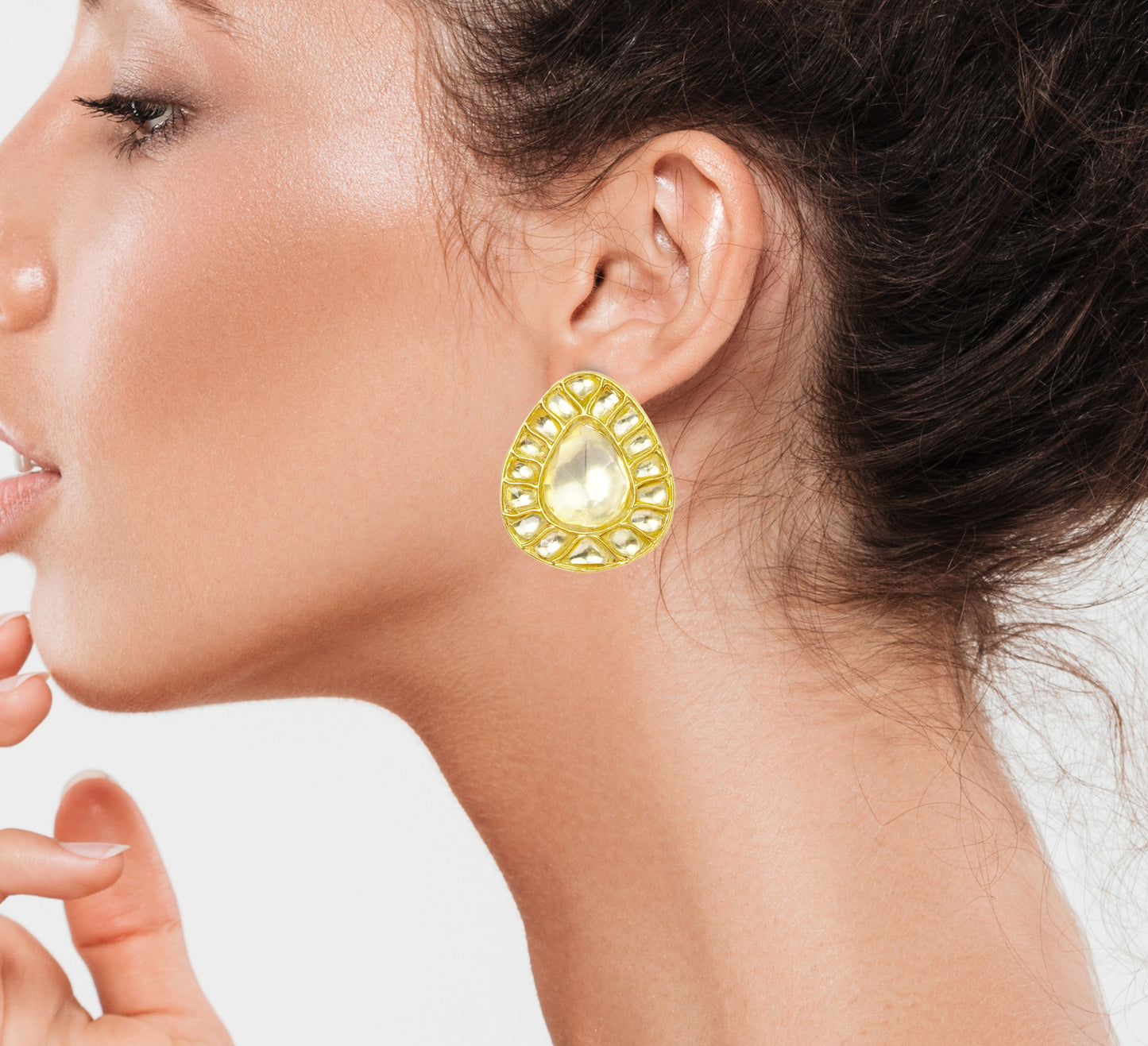 925 Silver Gold Plated White Kundan Paan Studs