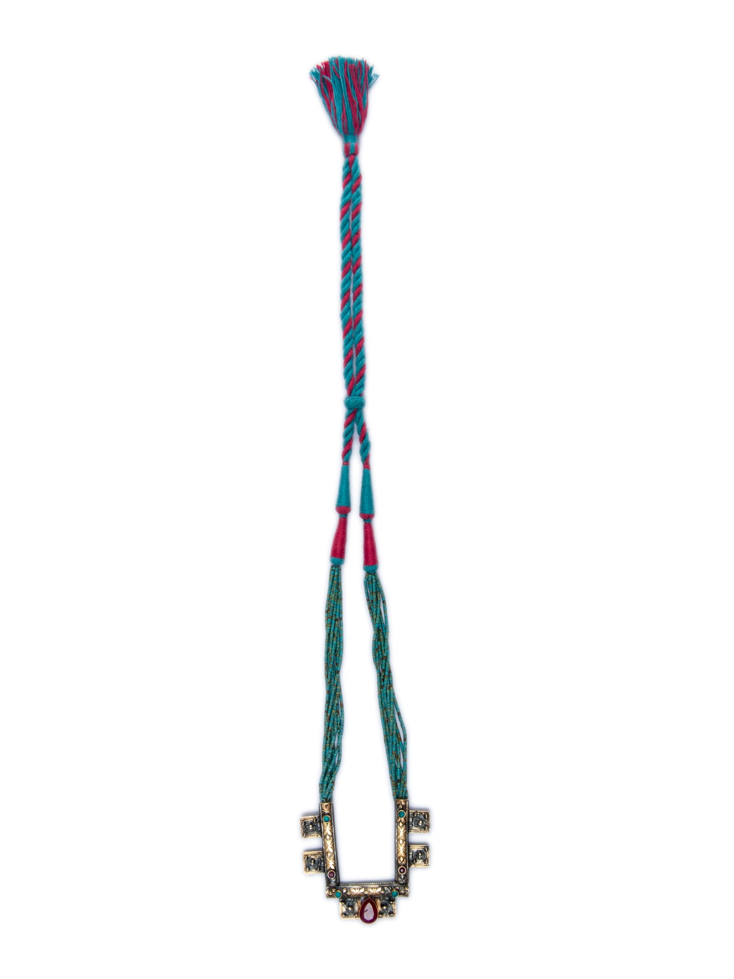 925 Sterling Silver Two Tone 22K Gold Plated Turquoise Beaded Necklace With Ruby and Turquoise Gemstone