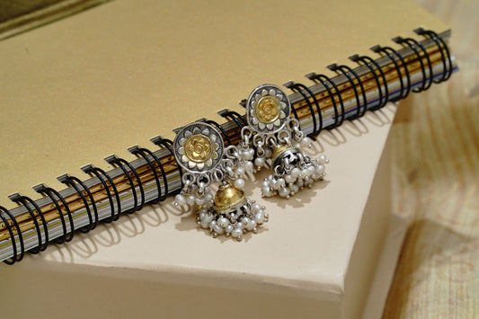 925 Silver Two Tone Mini Jhumki Earrings - Neeta Boochra Jewellery