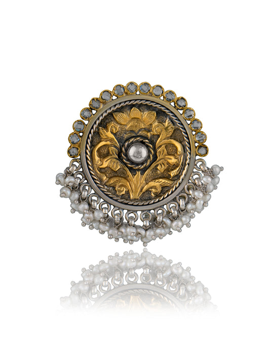 Two Toned Chitai Ring with Freshwater Pearl and Checker Gemstone