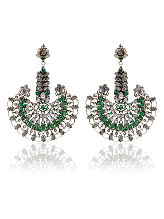 925 Sterling Silver Green and White Kundan Statement Earringss
