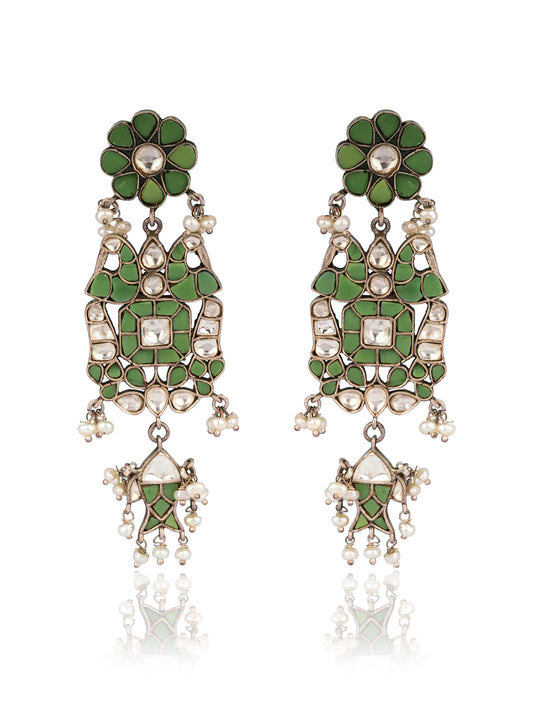 925 Sterling Silver Kundan Earrings with Fish Motif