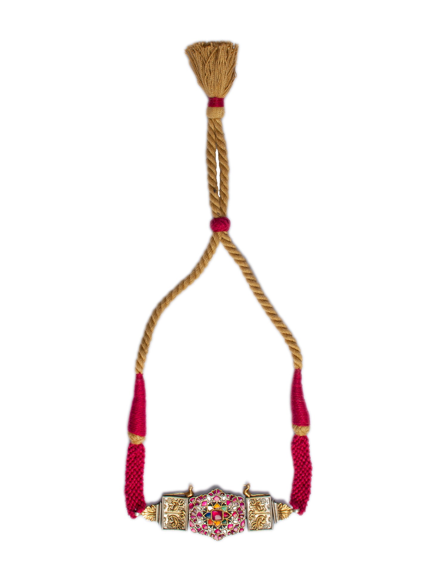 925 Sterling Silver Two Tone 22K Gold Plated Statement Necklace With Multicolor Kundan