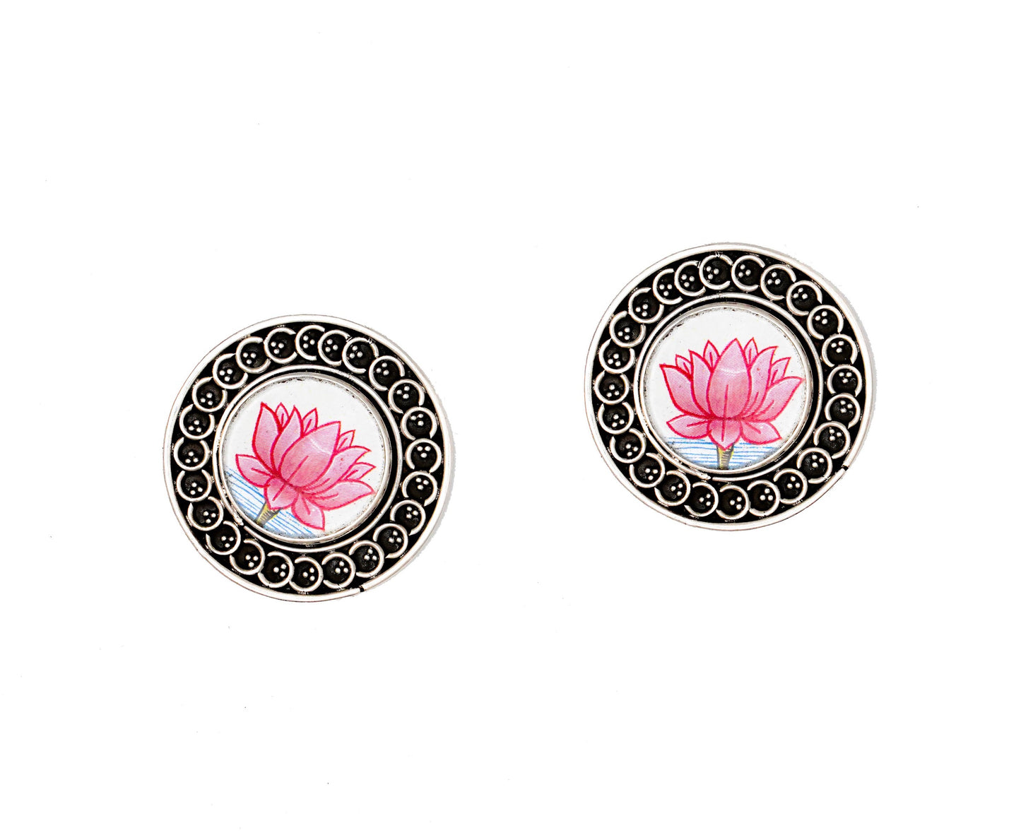 925 Silver Lotus Handpainting Studs with Rawa Work - Neeta Boochra Jewellery