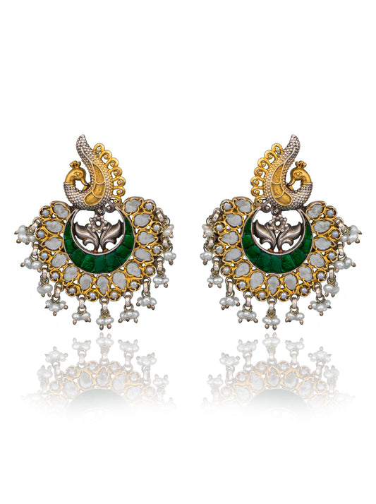 925 Sterling Silver Two Tone Twin Peacock Earrings