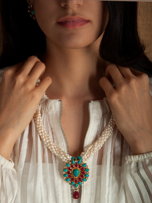925 Sterling Silver 22K Gold Plated Pearl Beaded Necklace With Turquoise and Ruby Gemstone