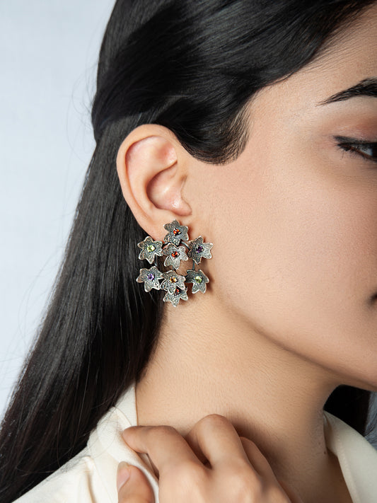 925 Sterling Silver 8-flower Fancy earring with Natural Gemstones - Peridot, Amethyst, Garnet and Citrine