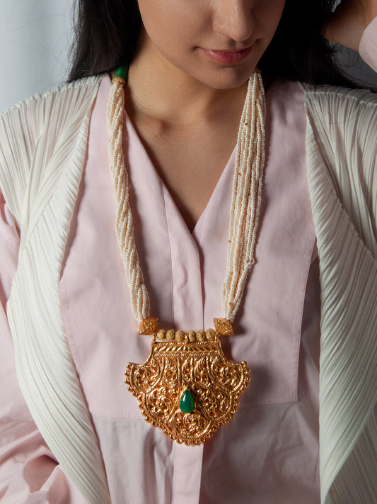 925 Sterling Silver 22K Gold Plated Pearl Beaded Necklace With Green Onyx Gemstone