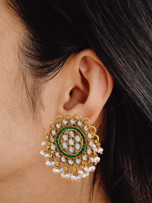 925 Sterling Silver Gold Plated Checker Earrings with Pearl