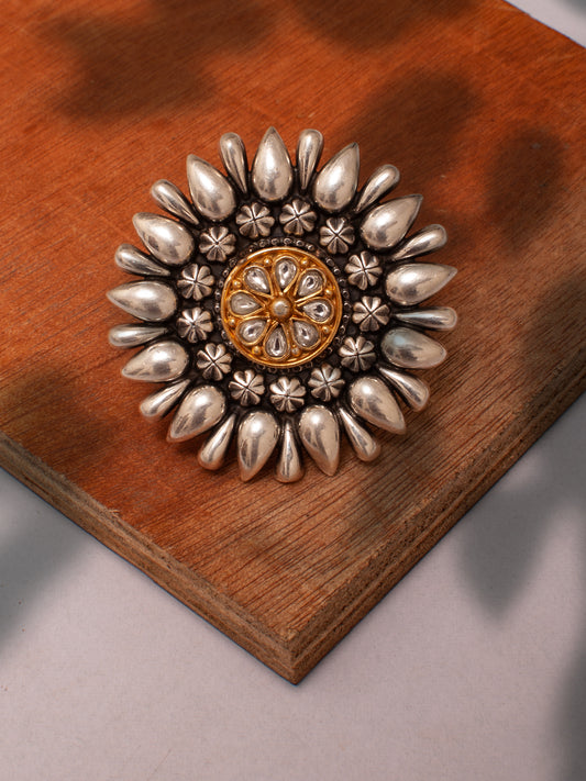 925 Sterling Silver Two Tone 22K Gold Plated Ring With White Kundan