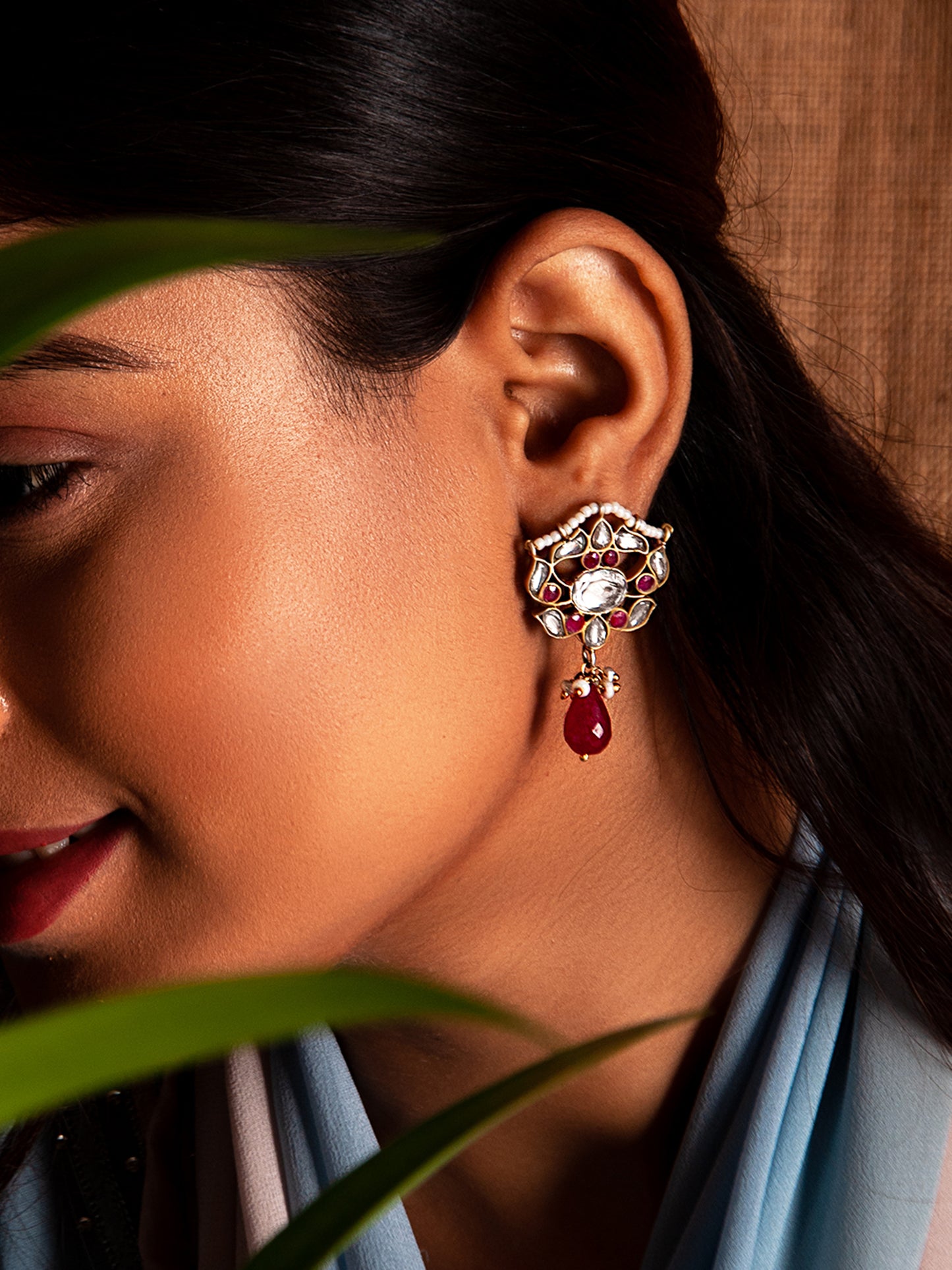 Silver Ruby Kundan Earrings with Drop